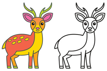 Adorable Colorful Deer and its Line Art Version for Kids Coloring Pages