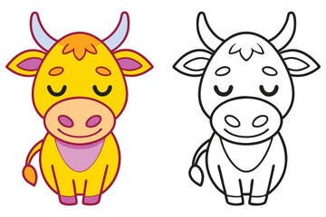 Adorable Cartoon Cow Coloring Page Illustration Featuring a Cute Yellow Cow and Its Line Art Version for Kids