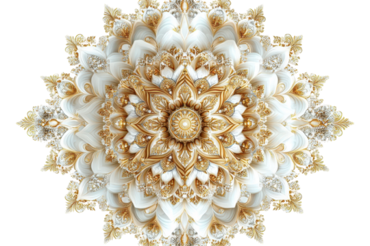Ornate Gold and White Mandala Design Intricate Floral Pattern Luxury Decor, isolated on transparent background