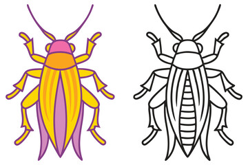A vibrant colorful illustration and a black and white outline drawing of a cricket insect