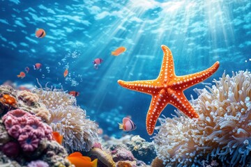 A vibrant underwater scene with a starfish and coral reefs