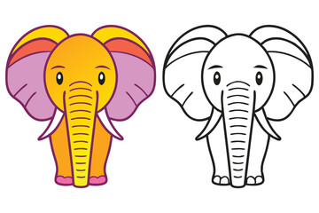 Adorable Cartoon Elephant Illustration Color and Outline Version for Kids Coloring Book Pages