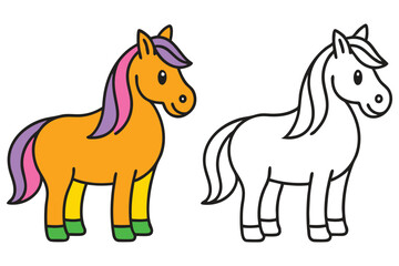 Adorable Cartoon Horse Illustration Coloring Page Featuring a Colorful Pony and a Black and White Outline for Kids