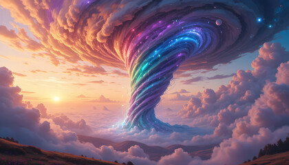 Prismatic Tempest: A Surreal 4K Painting of a Rainbow Tornado in a Dreamy Sky