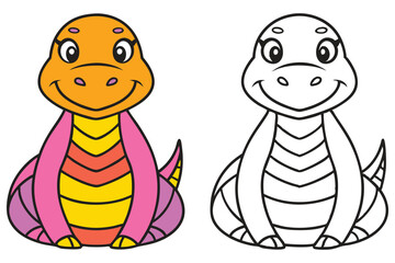 Adorable Cartoon Dinosaur Coloring Page Illustration for Kids Featuring a Cute Orange and Pink Dino and a Black and White Outlined Version