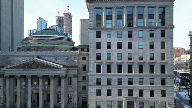 Montreal downtown drone elevation of Maisonneuve statue