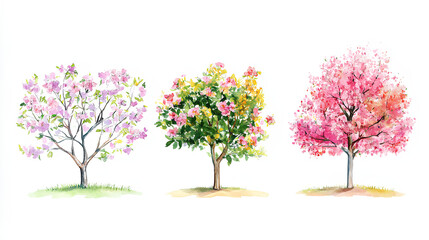 Obraz premium Vertor set of spring blossom tree,blooming plants side view for landscape elevation and section,eco environment concept design,watercolor shrub illustration,colorful season 