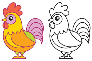 Colorful Rooster Illustration with Coloring Page Rooster Cartoon Animal Bird Cock Farm Poultry Domestic Animal