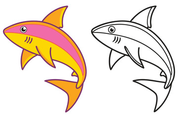 Adorable Cartoon Shark Illustration with Coloring Page Option Fun Pink Yellow Aquatic Animal Sea Predator Ocean Life Marine Wildlife Childrens Drawing
