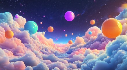 Colorful spheres float above fluffy clouds in a starry night sky