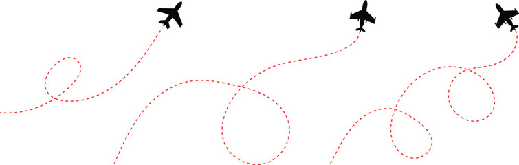 Airplane silhouettes with dotted lines depicting their winding flight paths. Airline route with plane icon.