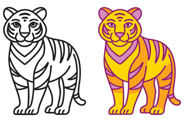 Adorable Cartoon Tiger Illustrations Line Art and Colored Version