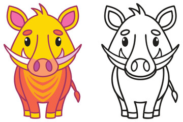 Adorable Cartoon Wild Boar Illustration Coloring Page Two Versions Cute Animal Character Design