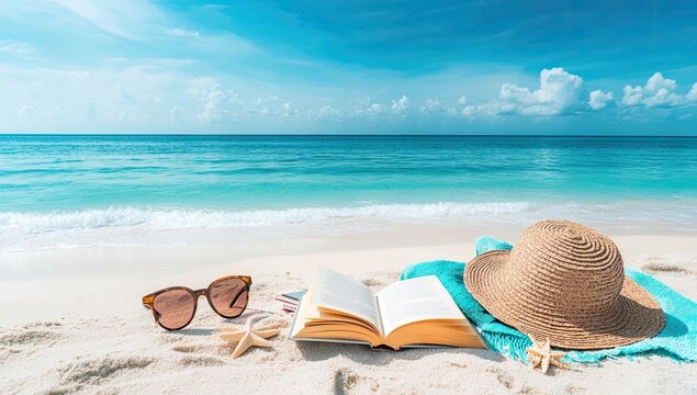 Beach reading scene with sunglasses, book, and hat - Powered by Adobe