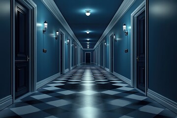 Dark, moody hotel hallway