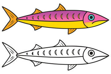 Colorful Fish Illustration Top View and Line Art Drawing of a Barracuda Fish for Kids Coloring Book