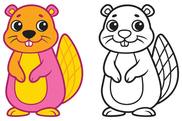 Adorable Cartoon Beaver Illustration Color and Black and White Version for Kids Coloring Book ©  Design_ mn