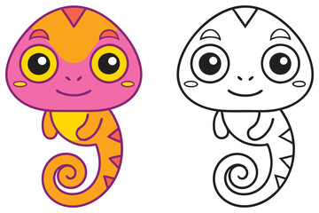 Adorable Cartoon Chameleon Color and Line Art Illustration for Kids Coloring Book Pages