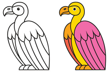 A Coloring Page Featuring a Cartoon Vulture Bird Illustration Black and White Line Art and a Colored Version