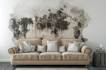 Moldy wall, beige couch, simple room