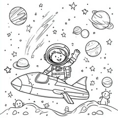 Fun and Relaxing Coloring Book for Kids and Adults. Child astronaut adventures in outer space.