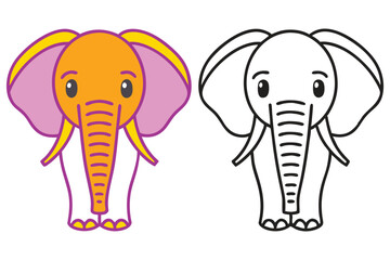 Adorable Cartoon Elephant Illustration Color and Outline Version for Kids Coloring Book Pages