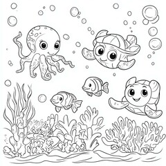 Fun and Relaxing Coloring Book for Kids and Adults. Cute underwater creatures for coloring fun.