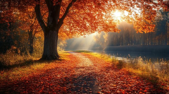 Autumnal sunbeams on a park path by a canal