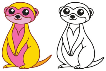 Adorable Meerkat Cartoon Illustration Coloring Page for Kids Featuring Pink and Yellow Design