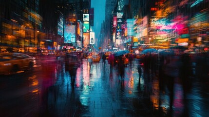 Naklejka premium Rainy night in Times Square, New York City, blurred motion of pedestrians and cars, vibrant city lights reflections, urban, stock photo