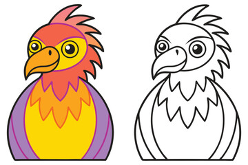 Colorful Bird Illustration with Line Art Version for Coloring Pages Cute Cartoon Animal Design for Kids Activities