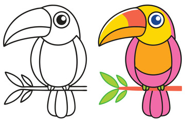 A toucan bird coloring page with a black and white outline and a colored version