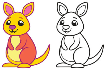 Adorable Cartoon Kangaroo Illustration Color and Line Art for Kids