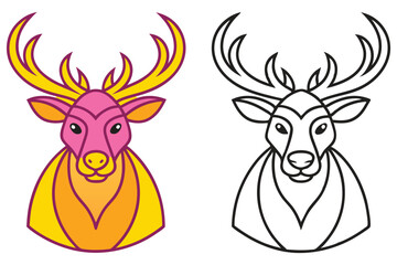 A Colorful and Line Art Drawing of a Deer Head with Antlers