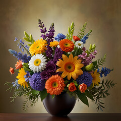 A vibrant floral bouquet in a clear glass vase, featuring orange, yellow, and purple blossoms with lush green foliage. Set against a dark background, this elegant arrangement brings warmth and beauty 
