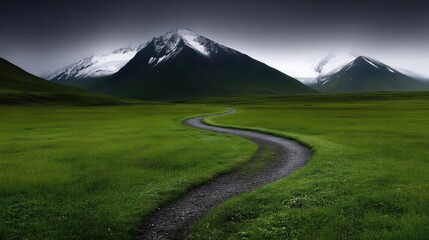 Fototapeta premium Winding path through a verdant valley, leading to snow-capped mountains. Lush green meadow, a meandering gravel road, dramatic sky