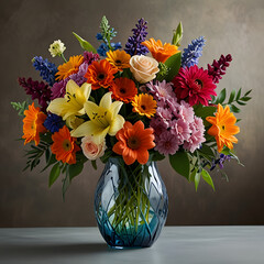 A vibrant floral bouquet in a clear glass vase, featuring orange, yellow, and purple blossoms with lush green foliage. Set against a dark background, this elegant arrangement brings warmth and beauty 