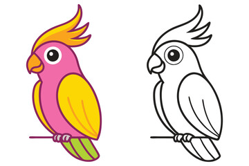 Adorable Pink and Yellow Parrot Illustration with Coloring Page Option Bird Animal Cartoon Character Tropical Wildlife