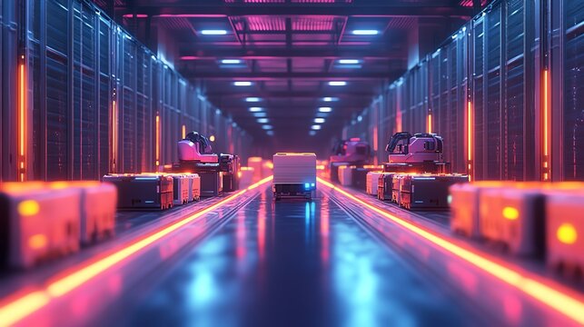 A warehouse with robots picking and packing orders for ecommerce shipments