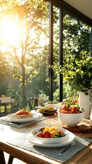 Nutritious oatmeal bowls with fresh fruit cozy kitchen food photography bright natural light healthy breakfast concept