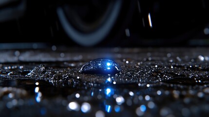 Dark, wet pavement, glistening with water, a reflective dark stone with glowing blue light, nocturnal scene