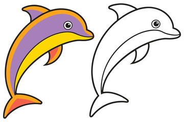 Colorful Dolphin Illustration and Coloring Page for Kids Featuring a Leaping Dolphin with Orange and Purple Color Scheme