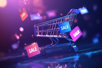 A high-energy digital illustration of a shopping cart under a glowing spotlight with floating "SALE" tags.