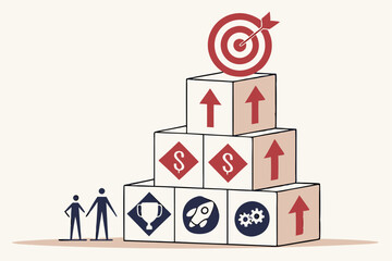 67 Wooden blocks stacked in pyramid shape, business icons on cubes, red target icon on top, white arrows pointing upward, minimalist background, conceptual business growth image, strategic planning vi