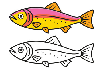 Two Colorful Cartoon Fish Illustrations One Colored and One Outlined for Coloring a Perfect Educational Resource for Kids