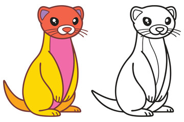 Adorable Cartoon Ferret Illustration Color and Outline Versions for Kids Coloring Pages