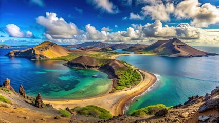 Naklejka premium Beautiful panoramic view of Bartolome Island with clear blue waters, tranquility, tropical, tranquility