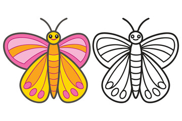 Adorable Cartoon Butterfly Illustration Color and Outline Version for Kids Coloring Book Pages