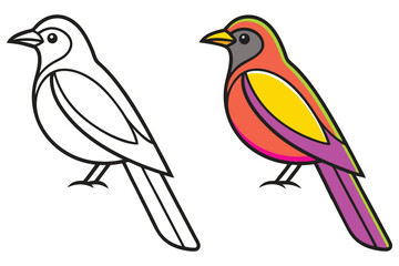 A Colorful Bird Illustration with a Line Art Version for Coloring Pages