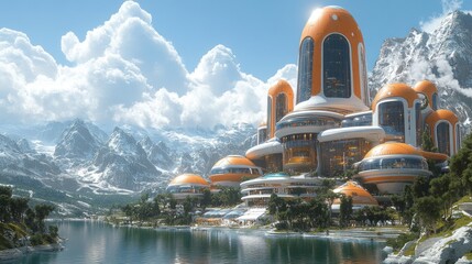 Futuristic orange city by a lake, snowy mountains
